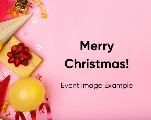 Merry Christmas celebration image with festive decorations, including a gold gift box, red ribbon, yellow balloon, and star confetti on a pink background, representing community events at Redbud Laundry.